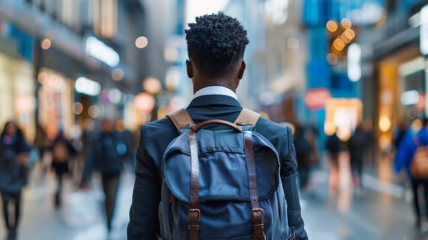A man with a backpack walking down the street in front of people