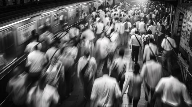 A group of people walking down a subway platform with the train coming