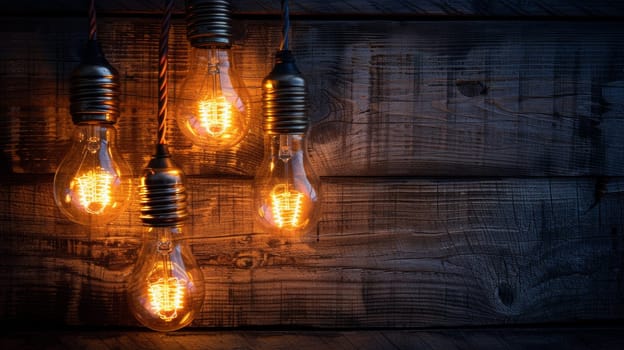 A group of light bulbs hanging from a wooden wall