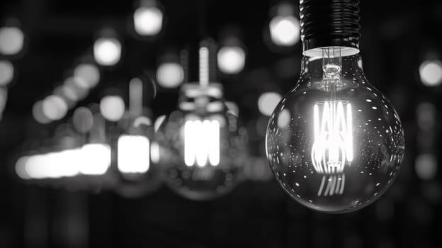 A black and white photo of a bunch of light bulbs
