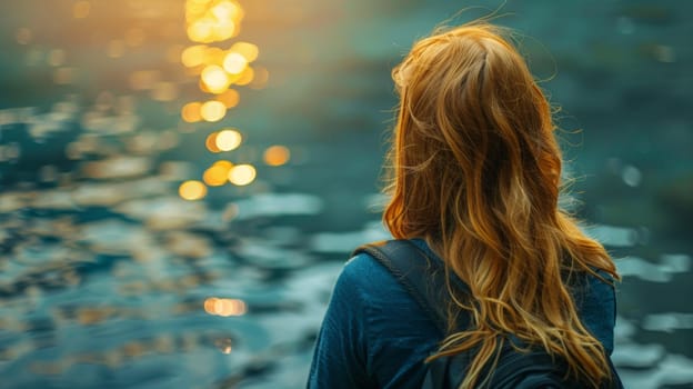 A woman with long hair looking at the water in front of her