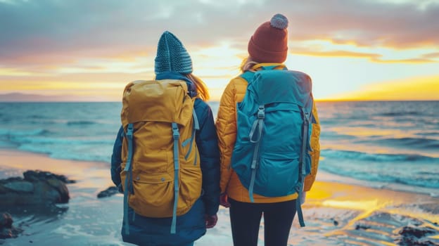 Two people with backpacks standing on a beach at sunset