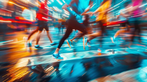 A blurry image of a group of people running on the street