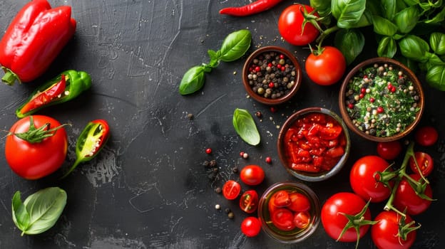 A table with a variety of different types of tomatoes and herbs