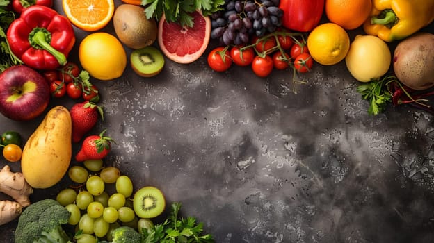 A variety of a circle made up mostly from fruits and vegetables