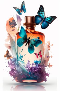 Perfume with floral aroma burst butterflies Generative AI,