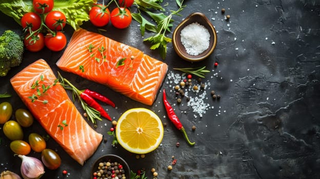 A close up of a plate with salmon, tomatoes and other vegetables