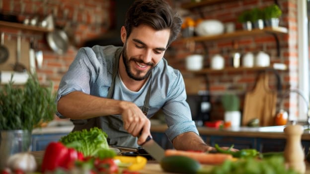 A man cutting vegetables in a kitchen with other people around