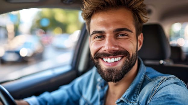 A man smiling while driving a car with his hands on the wheel