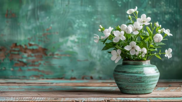 A vase with white flowers on a wooden table against green wall
