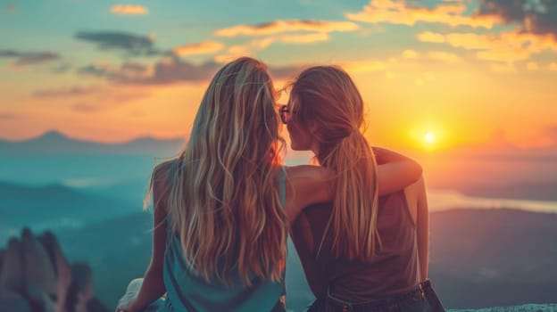 Two women sitting on a rock with the sun setting in front of them
