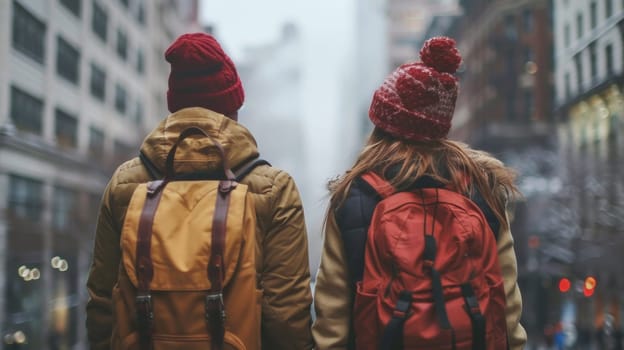 Two people with backpacks walking down a city street