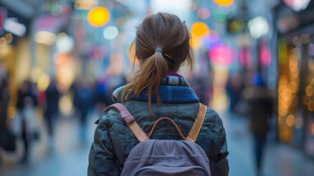 A woman with a backpack walking down the street in front of people