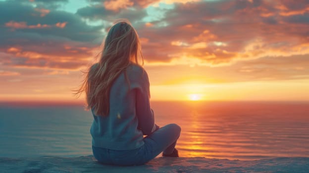 A woman sitting on a rock overlooking the ocean at sunset