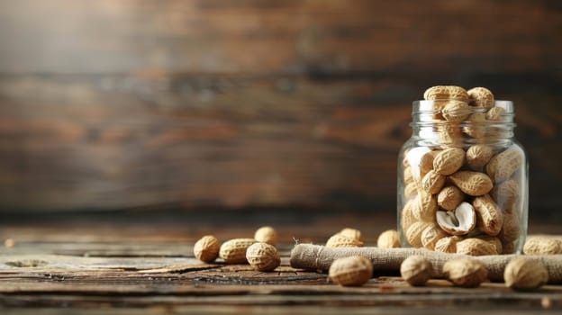 A jar of nuts on a wooden table with some peanuts in it