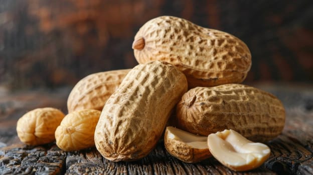 A pile of peanuts on a wooden table with one half eaten