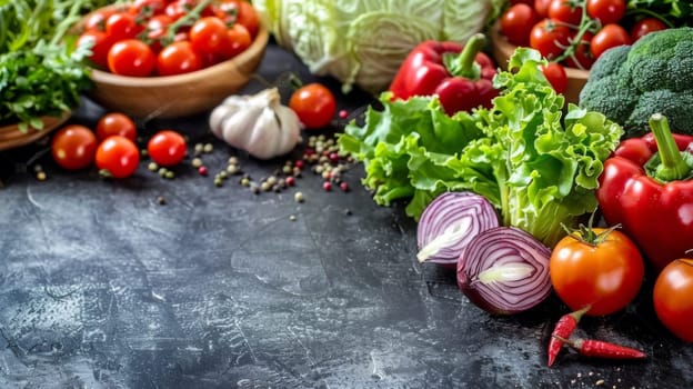 A table with vegetables and fruits on it, including tomatoes