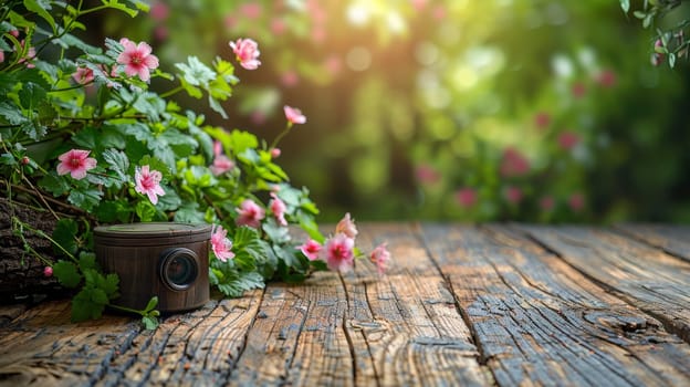 A camera on a wooden table with pink flowers in the background