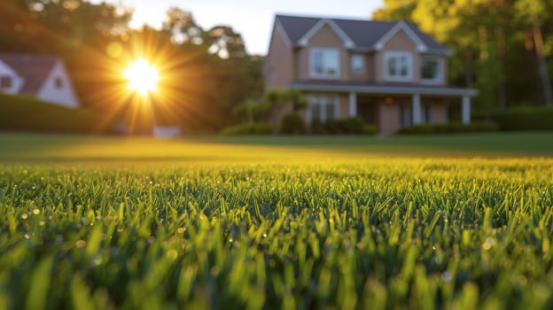 A house with a green lawn and the sun shining through