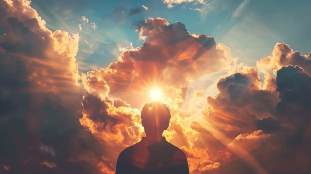 A person standing in front of a bright sun with clouds behind him