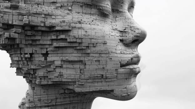A sculpture of a woman's head made out of bricks