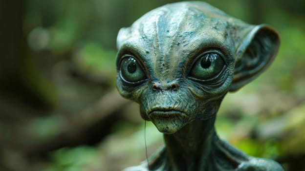 A close up of a green alien looking creature with big eyes