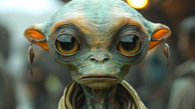 A close up of a green alien with big eyes and ears