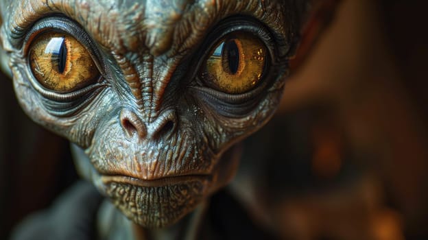 A close up of a creepy looking alien with big eyes