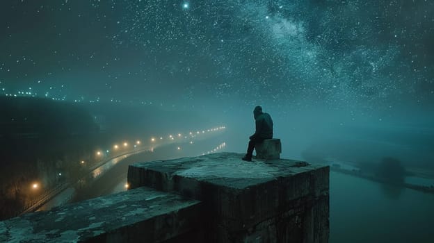 A person sitting on a ledge looking at the stars