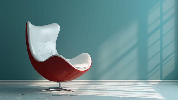 A red and white chair sitting in a room with blue walls
