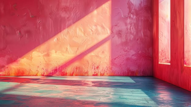 A room with a red wall and two windows in it