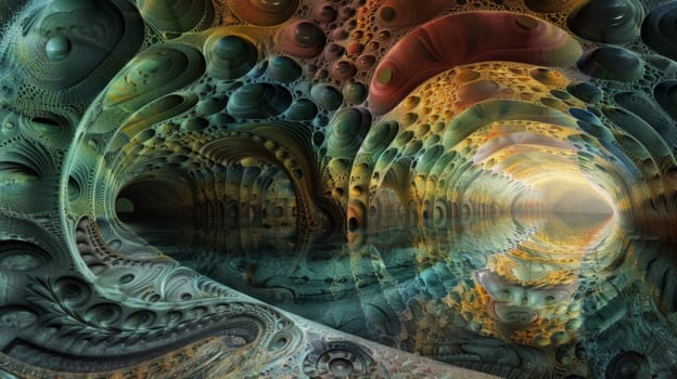 A very abstract painting of a tunnel with many different colors