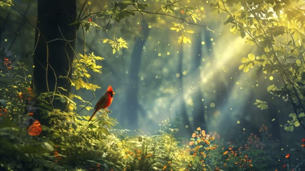 A red cardinal bird sitting on a tree branch in the forest