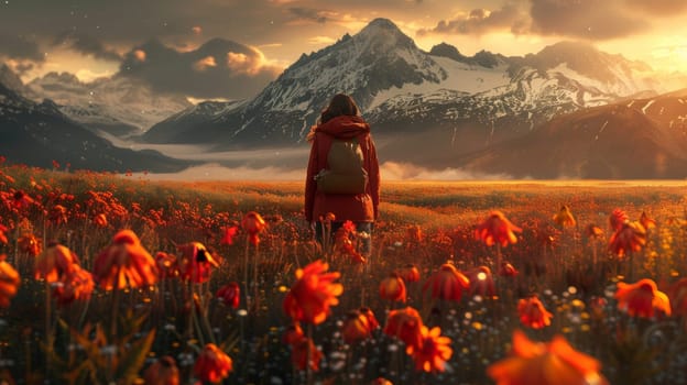 A woman in red jacket standing on a field of flowers