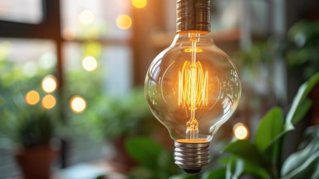 A light bulb hanging from a ceiling in front of plants