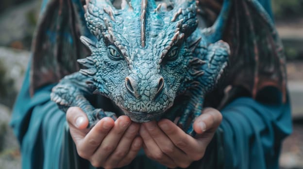 A person holding a blue dragon statue in their hands