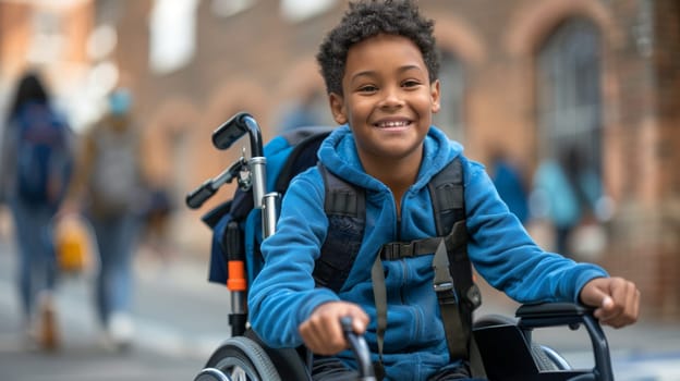A young boy in a wheelchair smiling while riding down the street