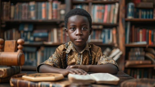 A young boy sitting at a table with books and an open book