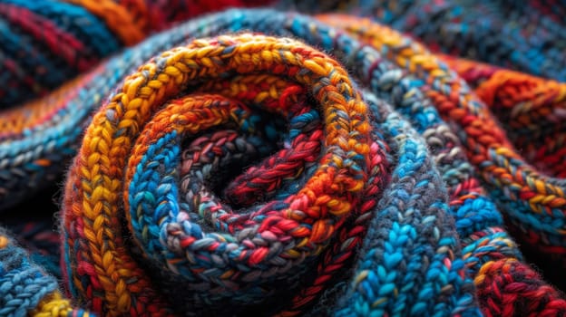A close up of a colorful yarn that is wrapped around itself