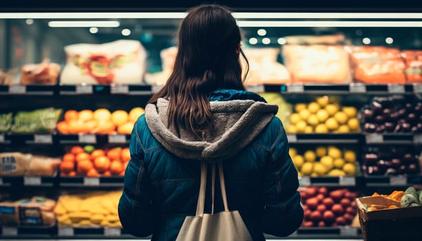 A woman in a supermarket looks at the products soft focus. Generative AI,