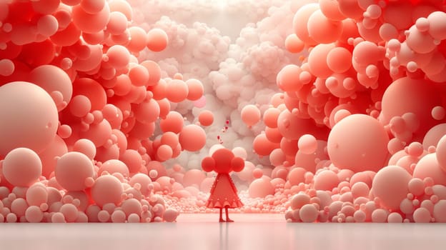 A woman standing in a large room filled with balloons