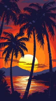 A sunset with palm trees in the foreground and a body of water