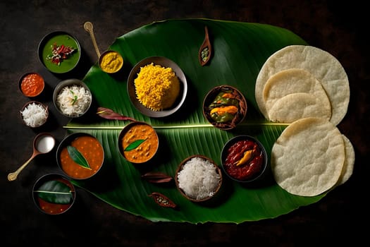 group of South Indian dishes served on banana leaves with colorful chutneys, dark black background Generative AI,