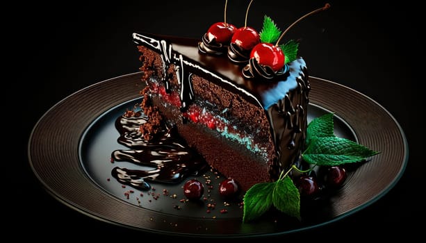 cake biscuit black cake piece of cherry on a dark black background. Generative AI,