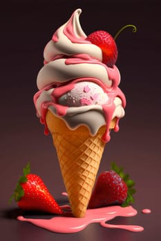 Ice cream cone with strawberries. Generative AI,