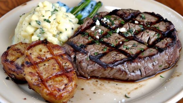 A plate of a steak and potatoes on the table