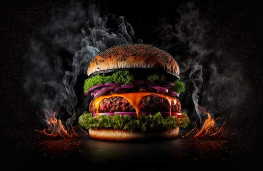 burger, product studio photo, dark black background, fresh tomato and onion salad, Generative AI illustration,