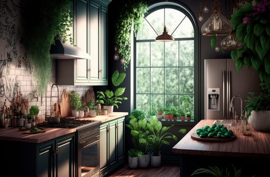 The interior of the kitchen is a lot of green plants. Generative AI,