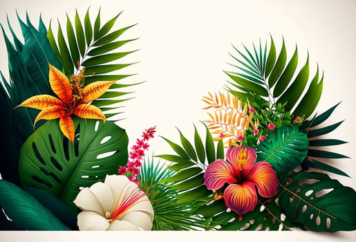 Background isolate with palm branches and tropical flowers. Generative AI.