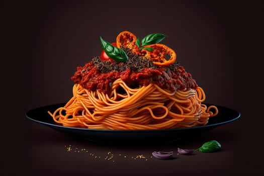 spaghetti bolognese studio food photo, dark black background. Generative AI,
